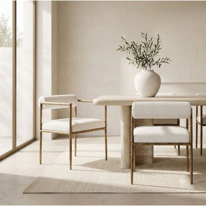 Talbot White Upholstered Dining Chair – Set of 2, 29" Gold Iron Frame Armchairs