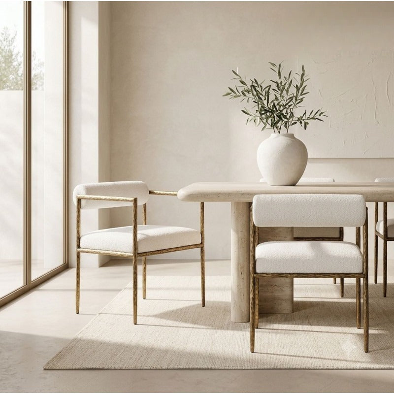 Talbot White Upholstered Dining Chair – Set of 2, 29" Gold Iron Frame Armchairs