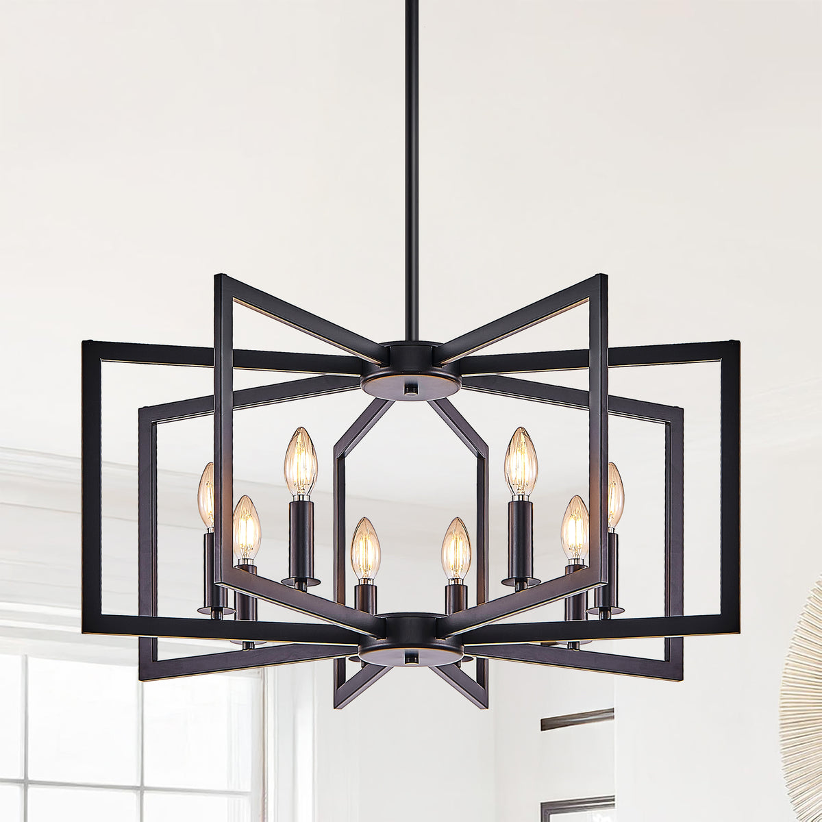 27" Modern Black Geometric 8-Light Chandelier, Industrial Metal Pendant Light Fixture for Dining Room