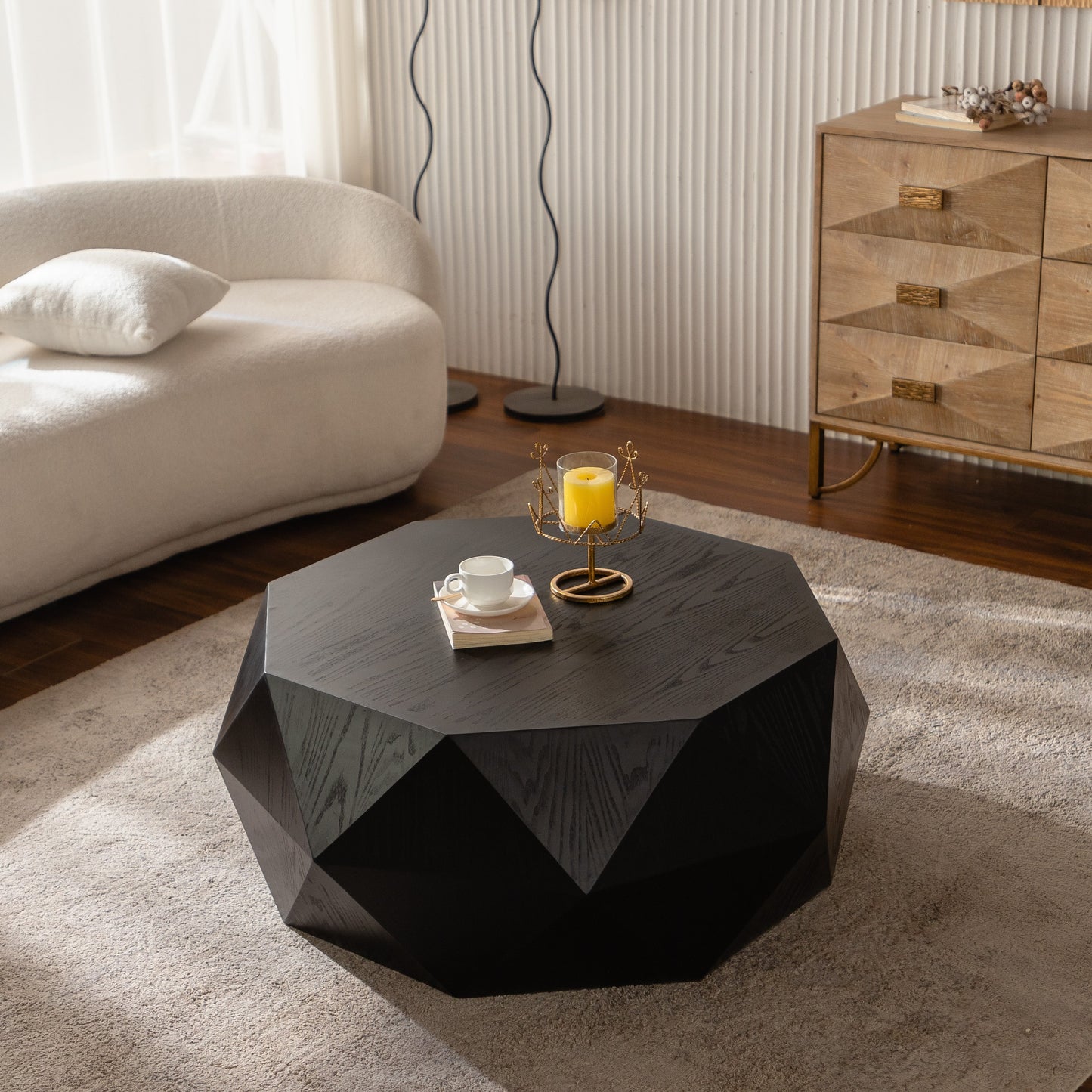 Pascal Black Embossed Wood Coffee Table – 38" Retro Relief-Pattern Coffee Table
