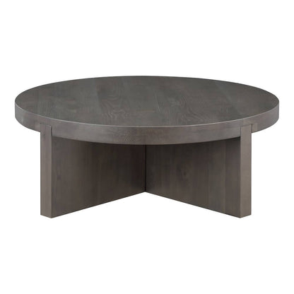Folke Solid Oak Round Coffee Table 38" – Modern Wooden Coffee Table (2 Finishes) in a dark finish with sculptural design.