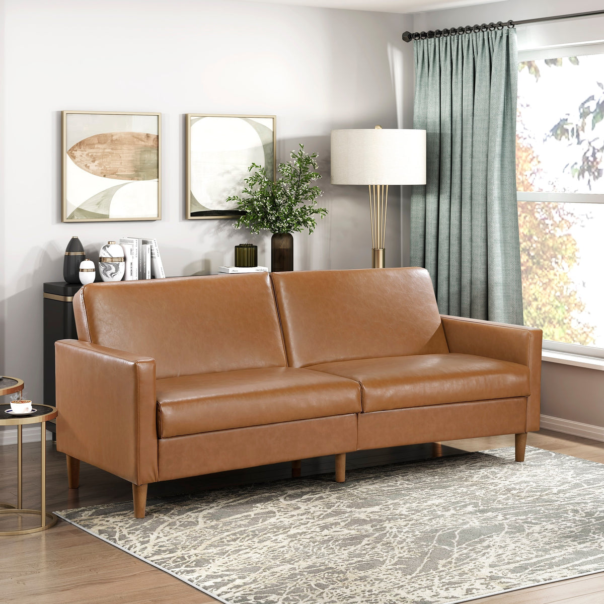 Corbett Camel Faux Leather Sleeper Sofa