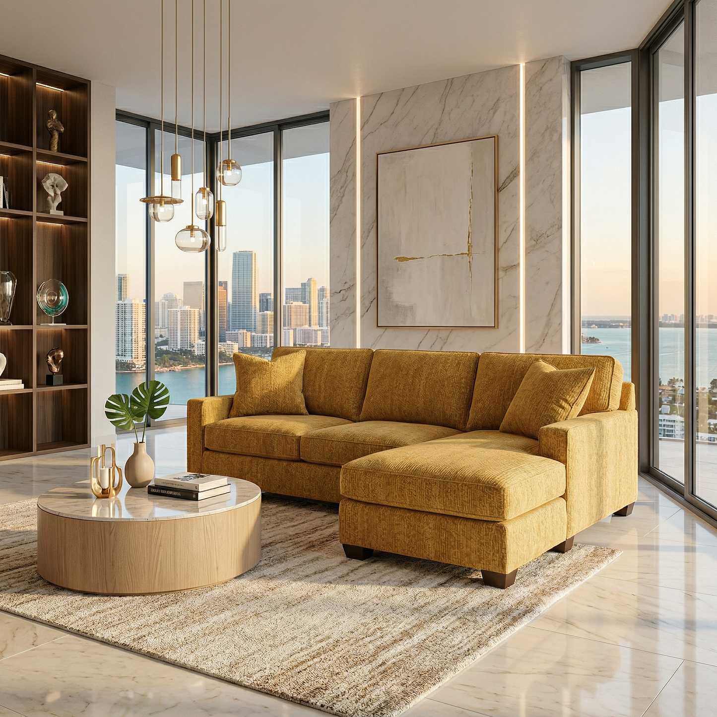 Clifford L-Shaped Sectional Sofa – Made in USA, 9 Fabric Options - Hepburn Chai Tea Yellow Fabric (13)