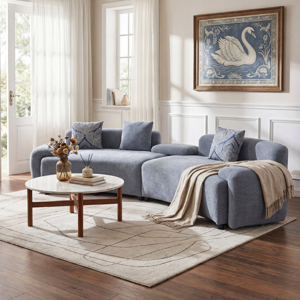 122" Grey Curved Sofa with 2 Damask Pattern Pillows, Modern Couch