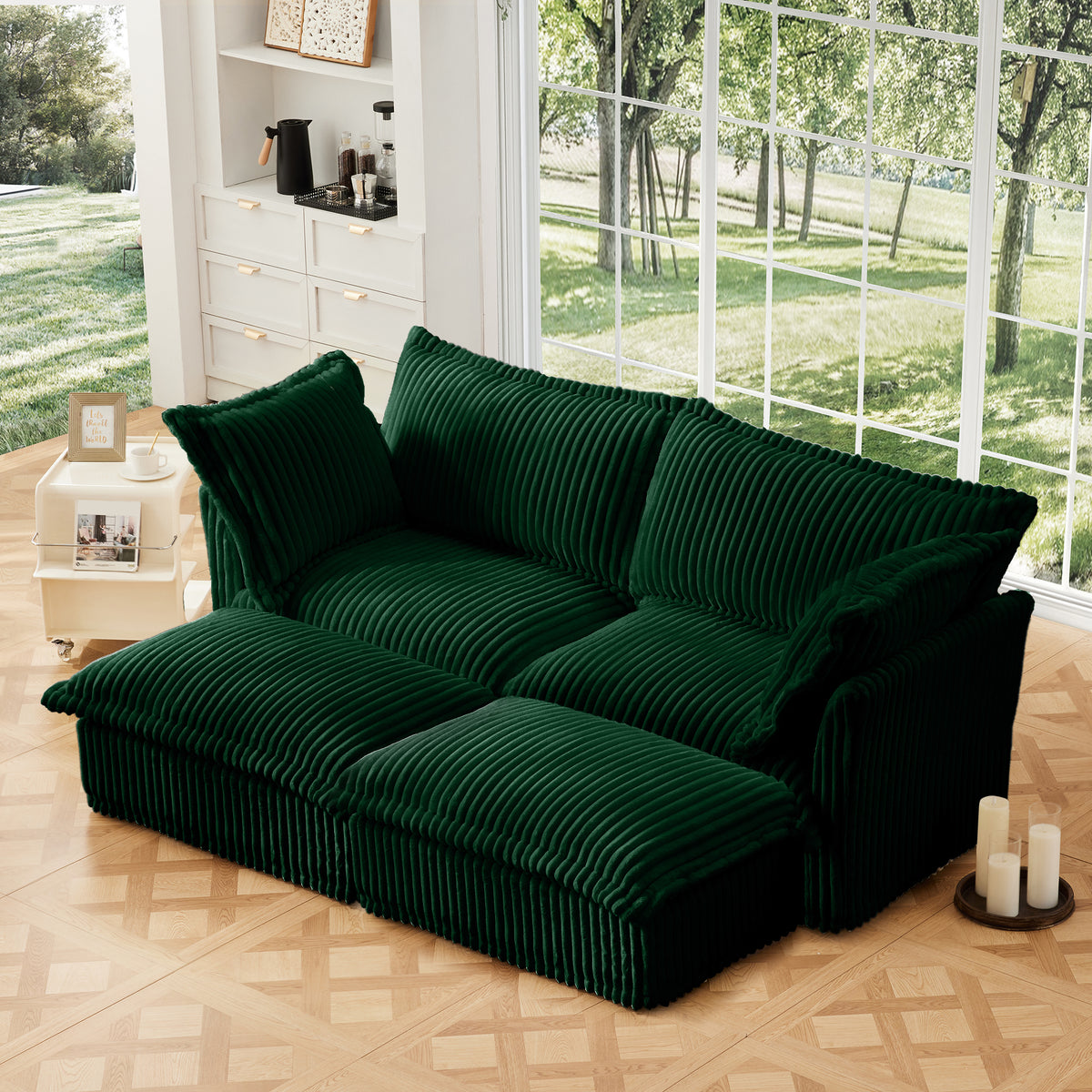 Slipcovered Sofa 2 Seater Sofa With 2 Ottomans, 2 Seater Sleeper Sofa Bed Sofa Corduroy, Green