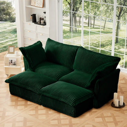 Slipcovered Sofa 2 Seater Sofa With 2 Ottomans, 2 Seater Sleeper Sofa Bed Sofa Corduroy, Green