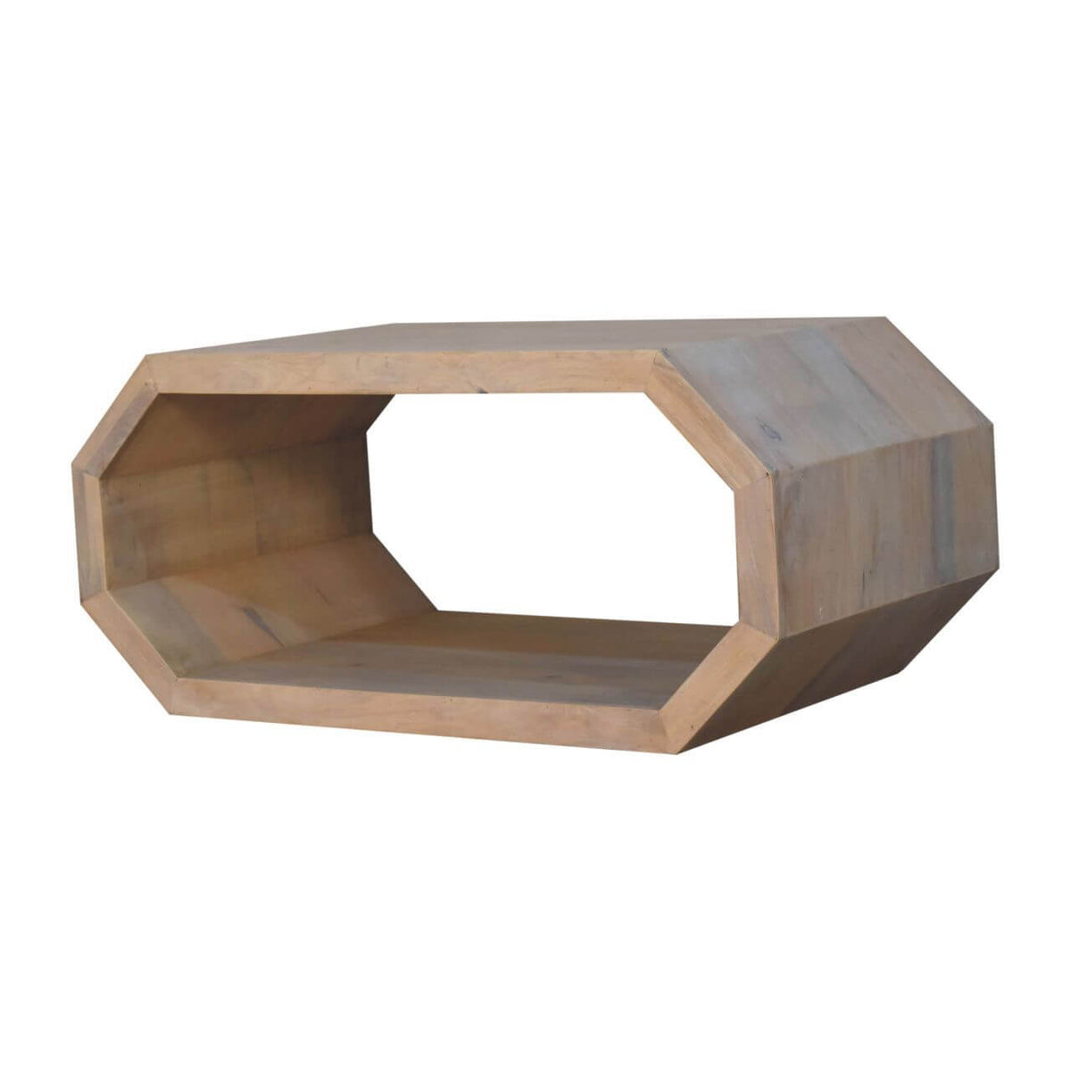 Solid wood hexagonal coffee table with open-frame design and natural finish, perfect for modern or contemporary spaces.