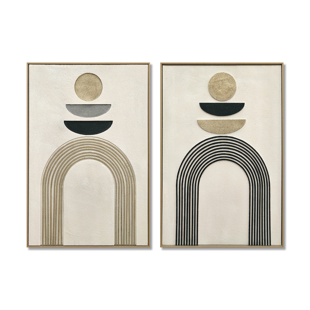 24x36 Set of 2 Framed Boho Abstract Wall Art, Neutral Antique White & Black Beige Textured Canvas Painting