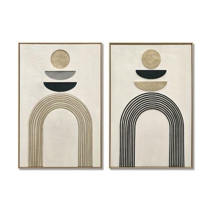 24x36 Set of 2 Framed Boho Abstract Wall Art, Neutral Antique White & Black Beige Textured Canvas Painting