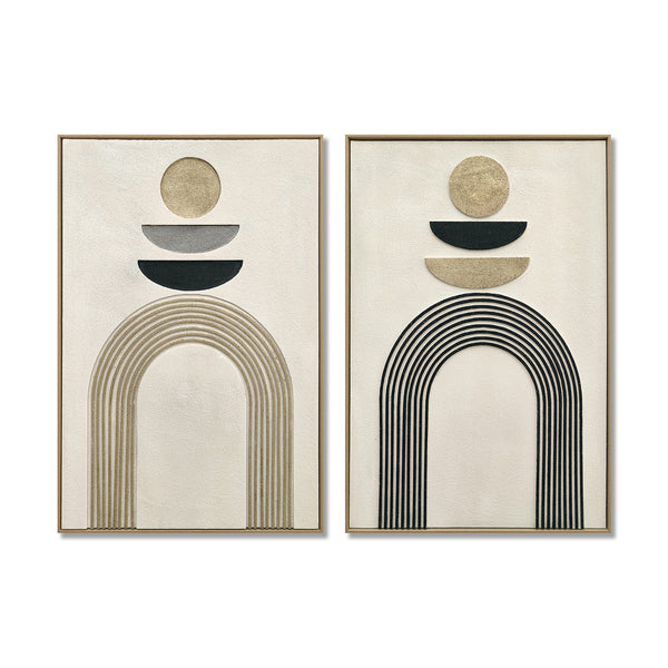 24x36 Set of 2 Framed Boho Abstract Wall Art, Neutral Antique White & Black Beige Textured Canvas Painting