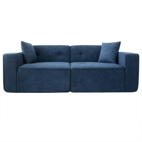 Modern low profile box arm memory foam sofa in blue, offering mattress-level comfort for stylish living rooms.