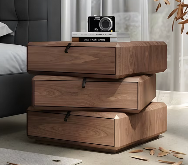 Goddard Walnut 3-Drawer Rotating Nightstand – Solid Wood Bedside Table