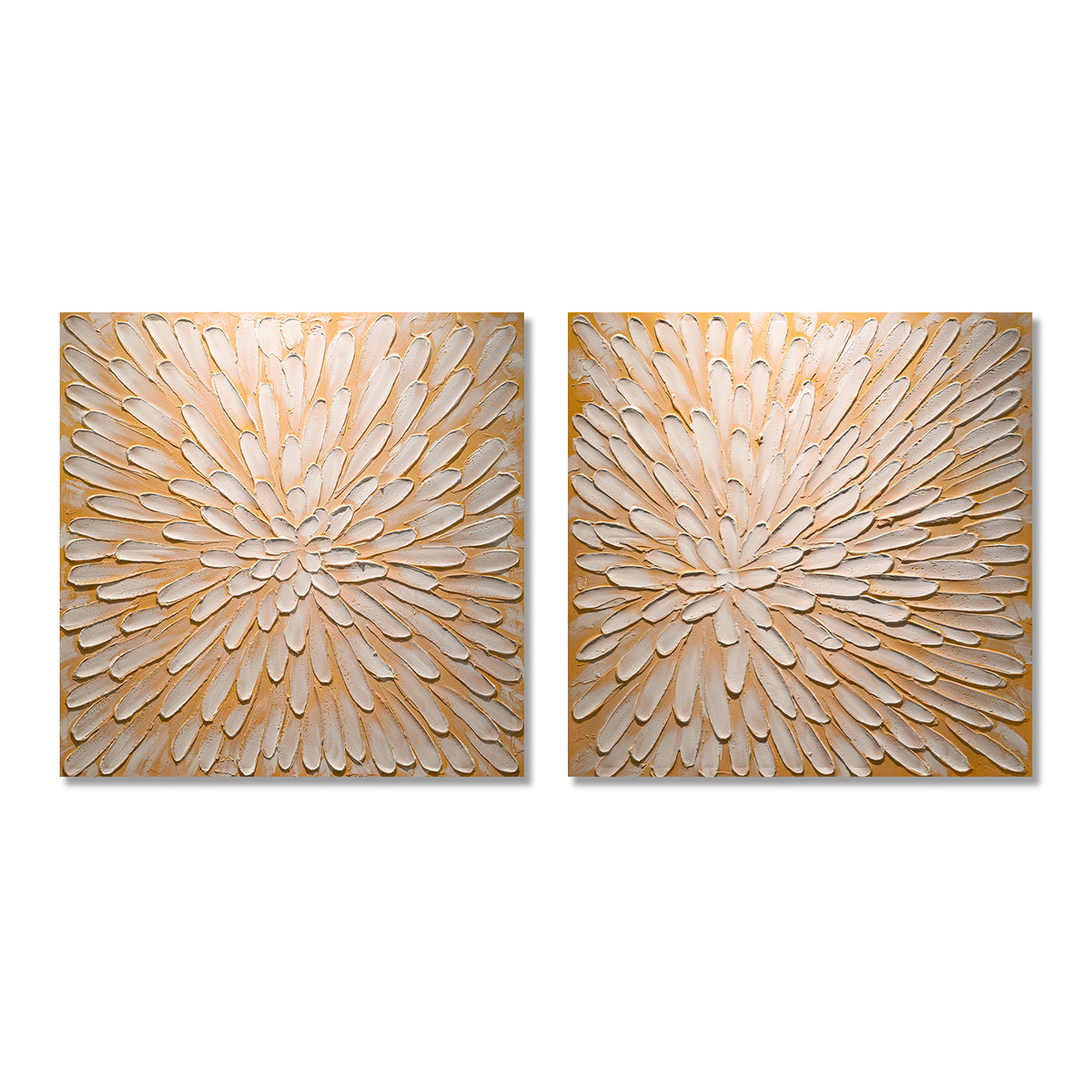 32x32 Set of 2 Antique White Gold Textured Floral Canvas Wall Art, Hand-Painted Thick Impasto Flower Painting