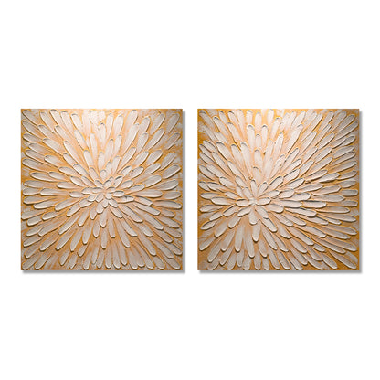 32x32 Set of 2 Antique White Gold Textured Floral Canvas Wall Art, Hand-Painted Thick Impasto Flower Painting