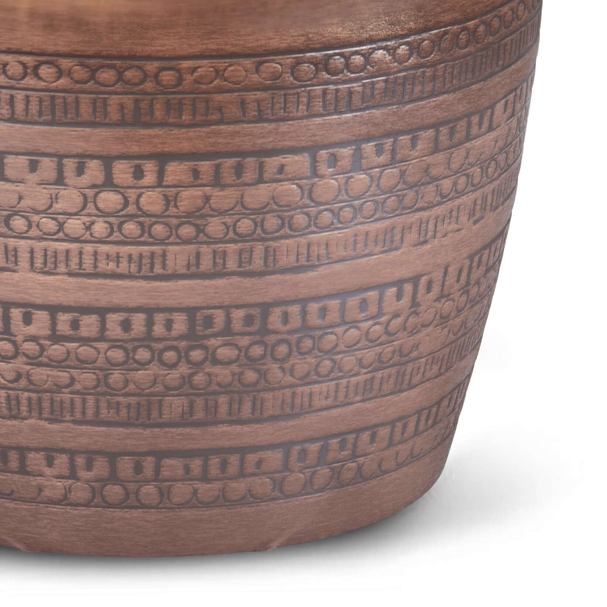 Engraved Antique Copper Round Accent End Table 15W with textured patterns, adding warmth and character to any room.