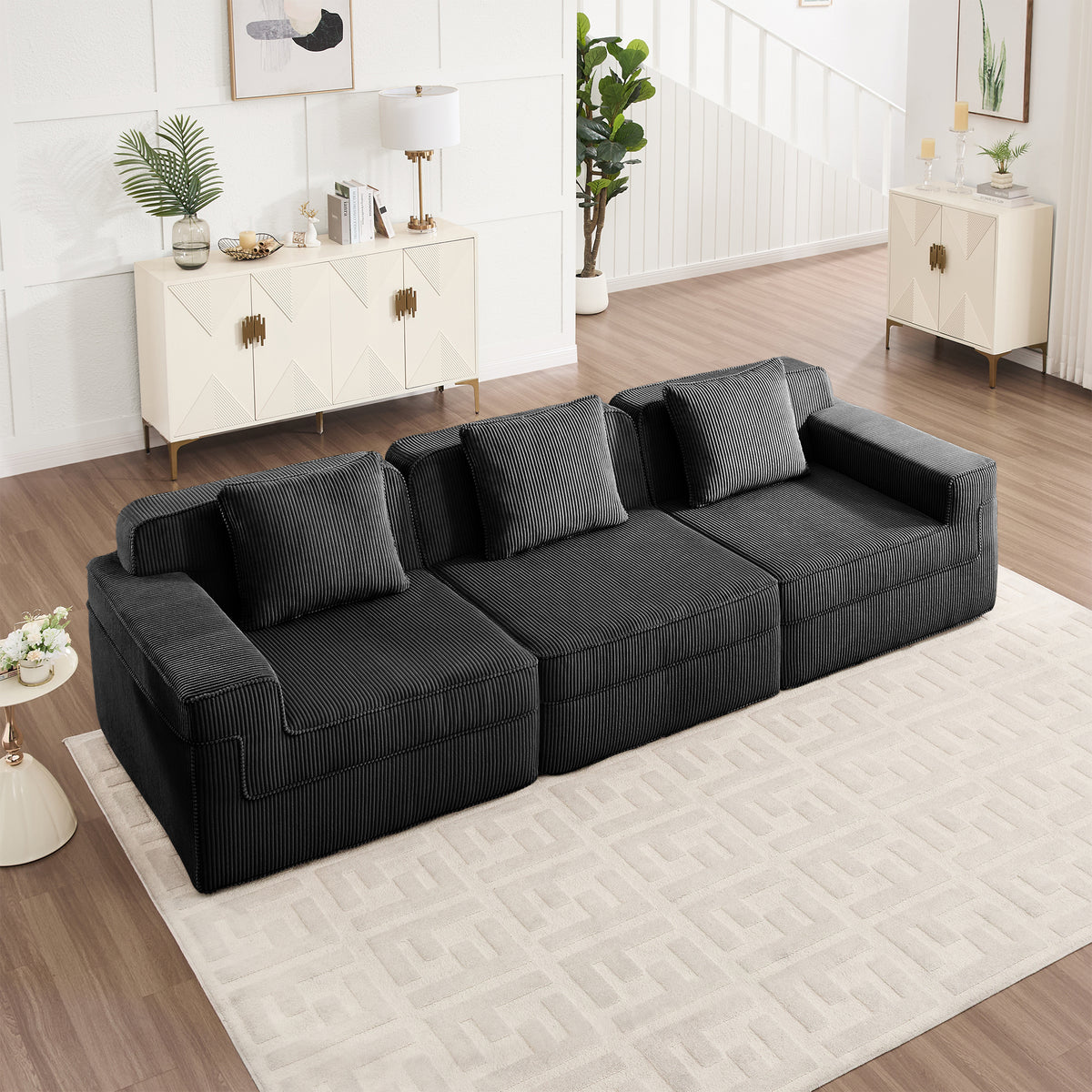 Modular 3 Seat Boneless Sofa, Corduroy Fabric