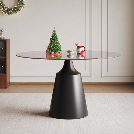 Round Mid-Century Modern Dining Table with Glass Top 35" styled with holiday decor and drinks.