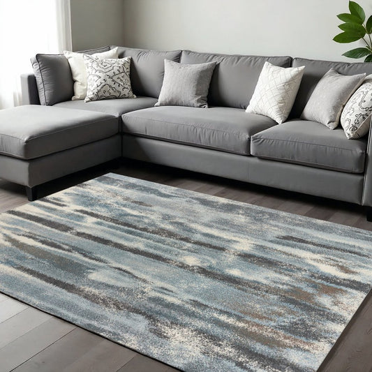 Teal Blue And White Abstract Area Rug | 9' x 13'