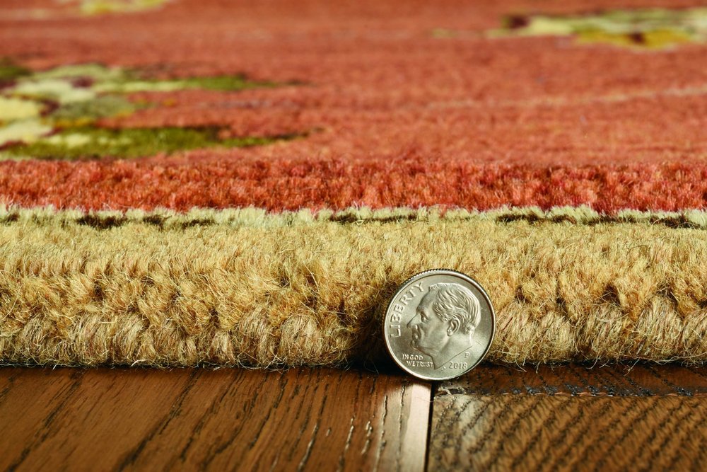 Sienna Gold And Green Wool Floral Vines Hand Tufted Area Rug | 9' x 13' showing texture and thickness next to a quarter for scale.