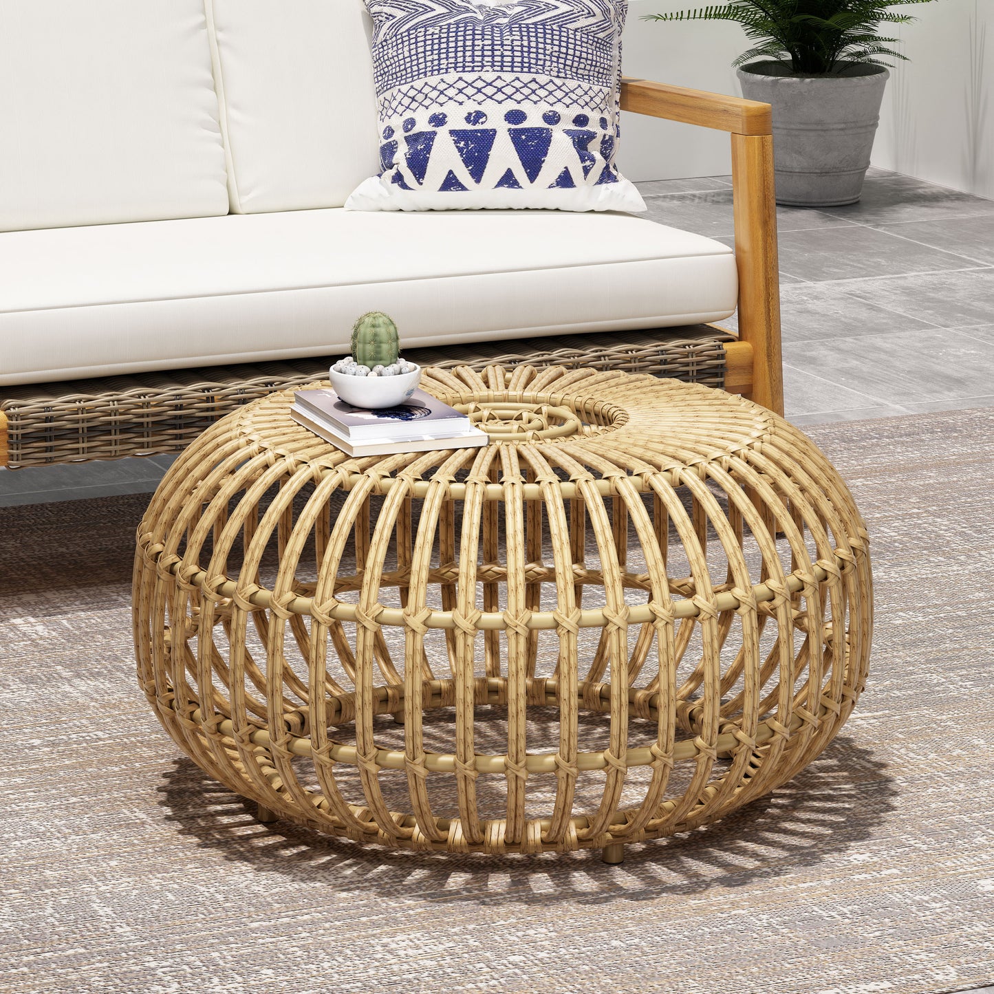 Ottawa Faux Rattan Weave Round Coffee Table – 29.5" Handcrafted Indoor-Outdoor Accent Table