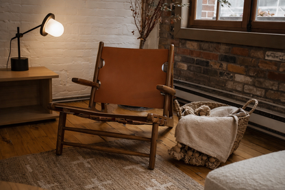 Rockwell Walnut Vegan Leather Hunting Armchair – 24.4" Mid-Century Lounge Chair, Vintage Brown