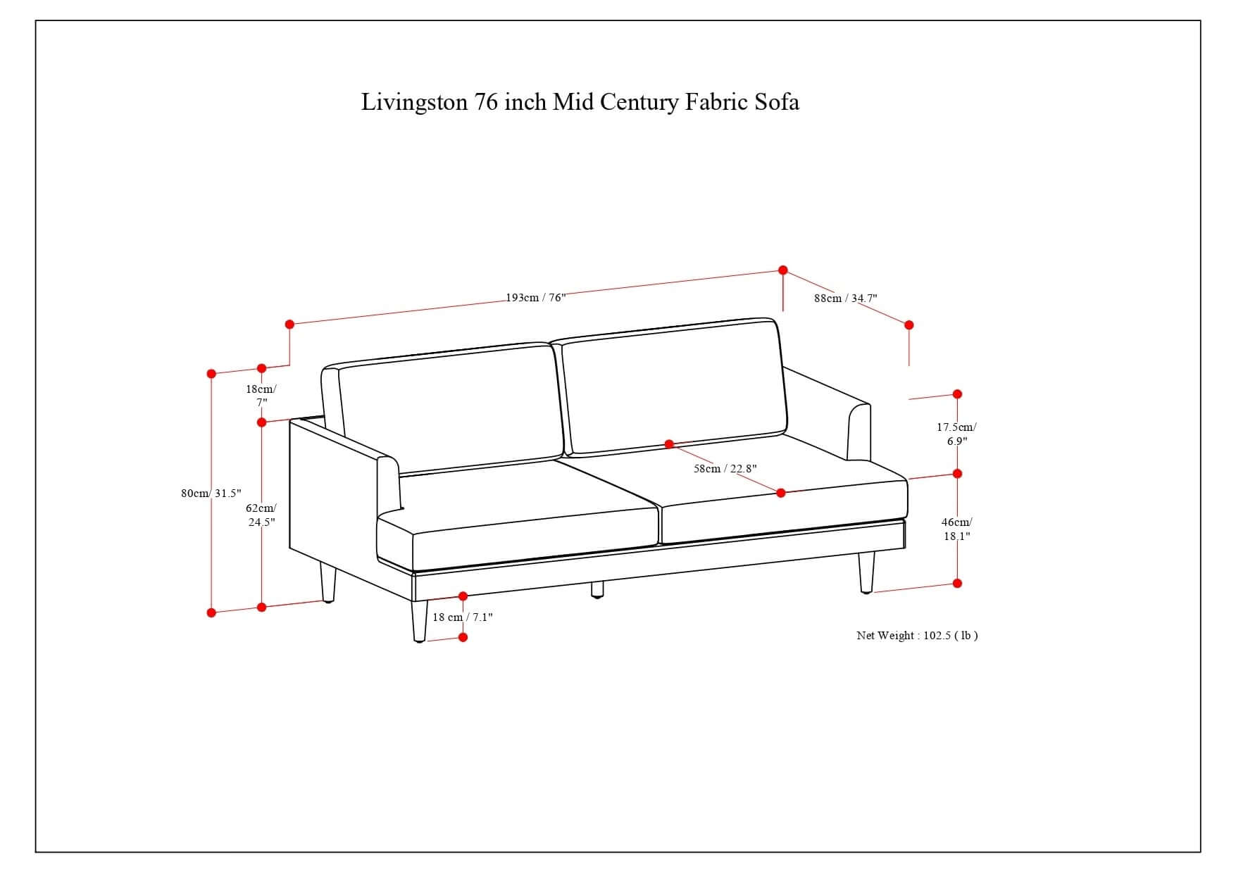 Livingston MCM Styled Fabric Sofa Loveseat, Charcoal Gray 76" - Revel Sofa 