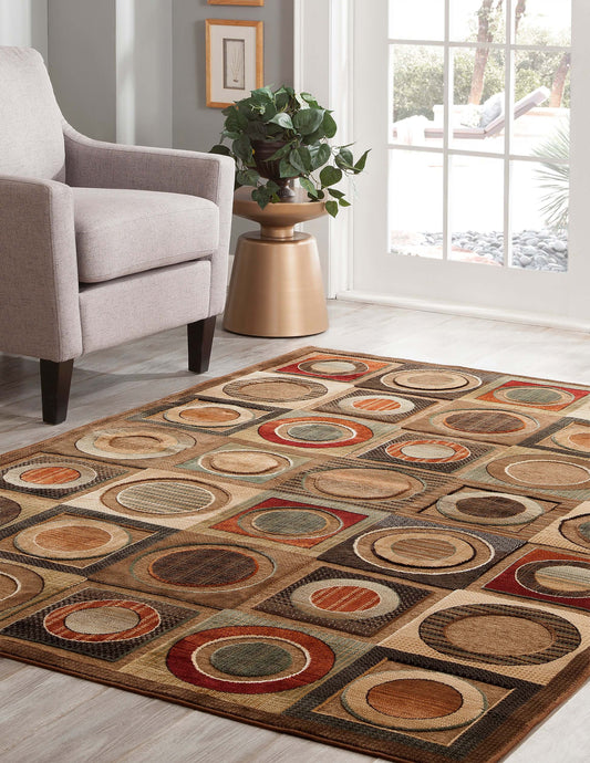Leyden Rectangular Multicolor Chenille Area Rug 5x8 with retro circles pattern in living room setting.