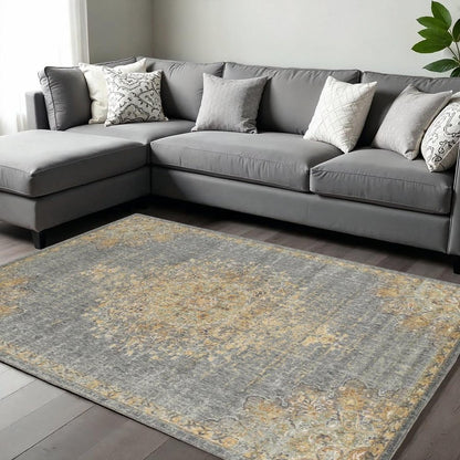 Slate Gray And Orange Wool Medallion Area Rug | 9' x 13'
