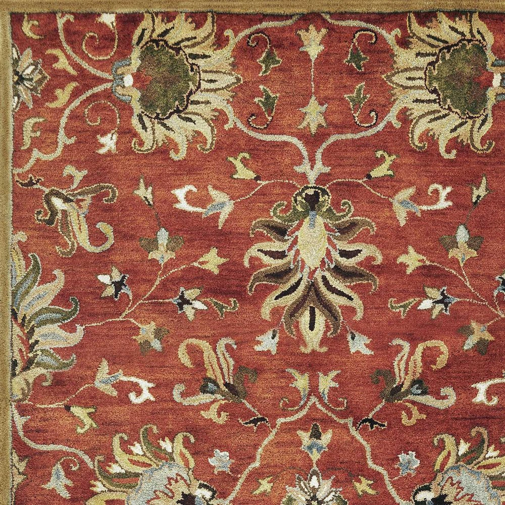 Rust Beige And Gray Wool Floral Medallion Hand Tufted Area Rug | 9' x 13' detailed view of floral design