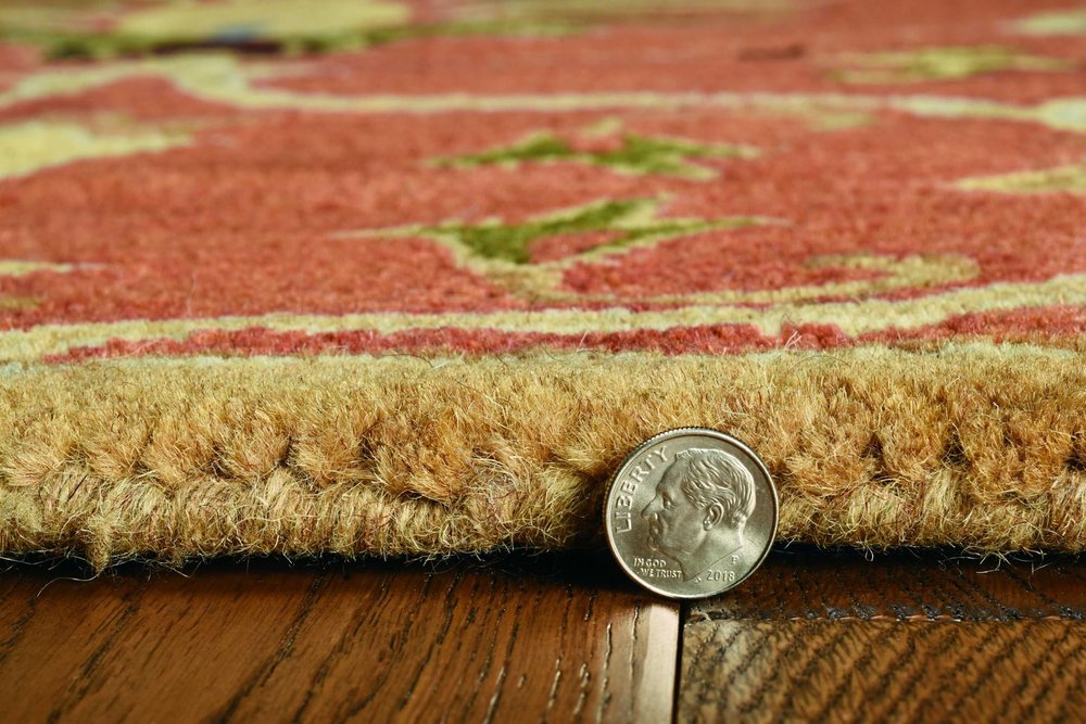 Rust Beige And Gray Wool Floral Medallion Hand Tufted Area Rug | 9' x 13' with a quarter for scale on wooden floor.
