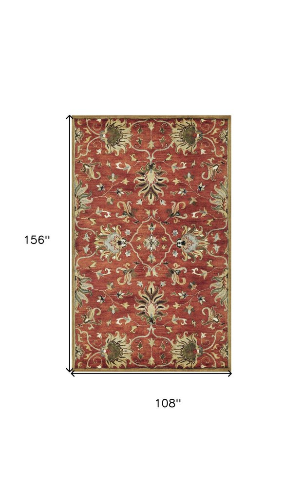 Rust Beige And Gray Wool Floral Medallion Hand Tufted Area Rug | 9' x 13'. Dimensions 9' x 13' with floral design.
