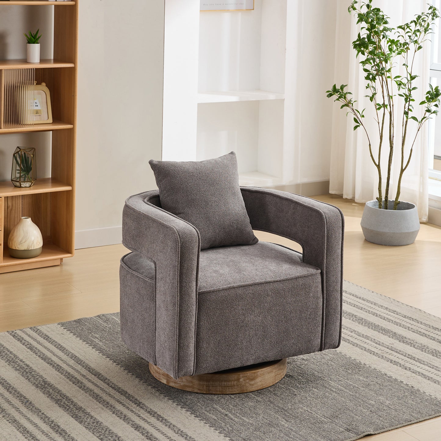 Kingsley Charcoal Linen Blend Swivel Accent Chair – 28.94" Open Back Chair with Weathered Wood Base