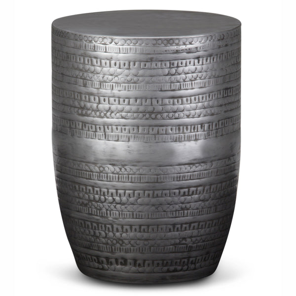 Johnsen 15 inch Wide Tribal Pattern Metal Accent Table in Antique Silver