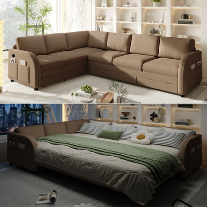 Dexter Brown Sherpa L-Shaped Sleeper Sectional Sofa – 115" Pull-Out Sofa Bed