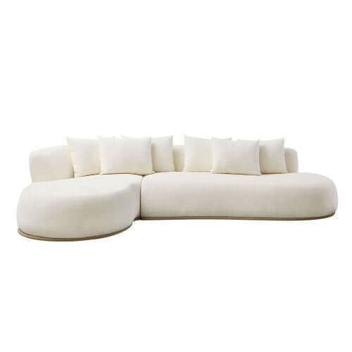 Modern rounded L-shaped chaise sofa sectional in cream with plush cushions, perfect for lounging and stylish living spaces.