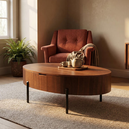 Norwood Walnut Lift-Top Coffee Table – 43.3" Oval Height-Adjustable Storage Table