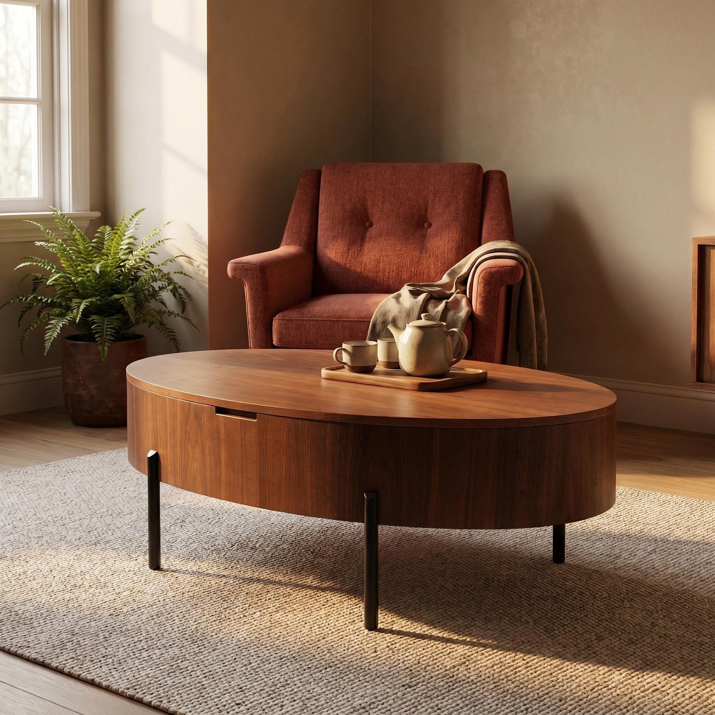 Norwood Walnut Lift-Top Coffee Table – 43.3" Oval Height-Adjustable Storage Table