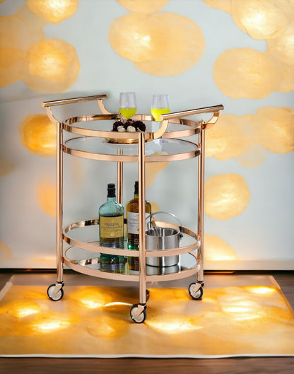 Lakelyn Clear Glass & Rose Gold Finish Serving Cart – 27" Rolling Serving Cart