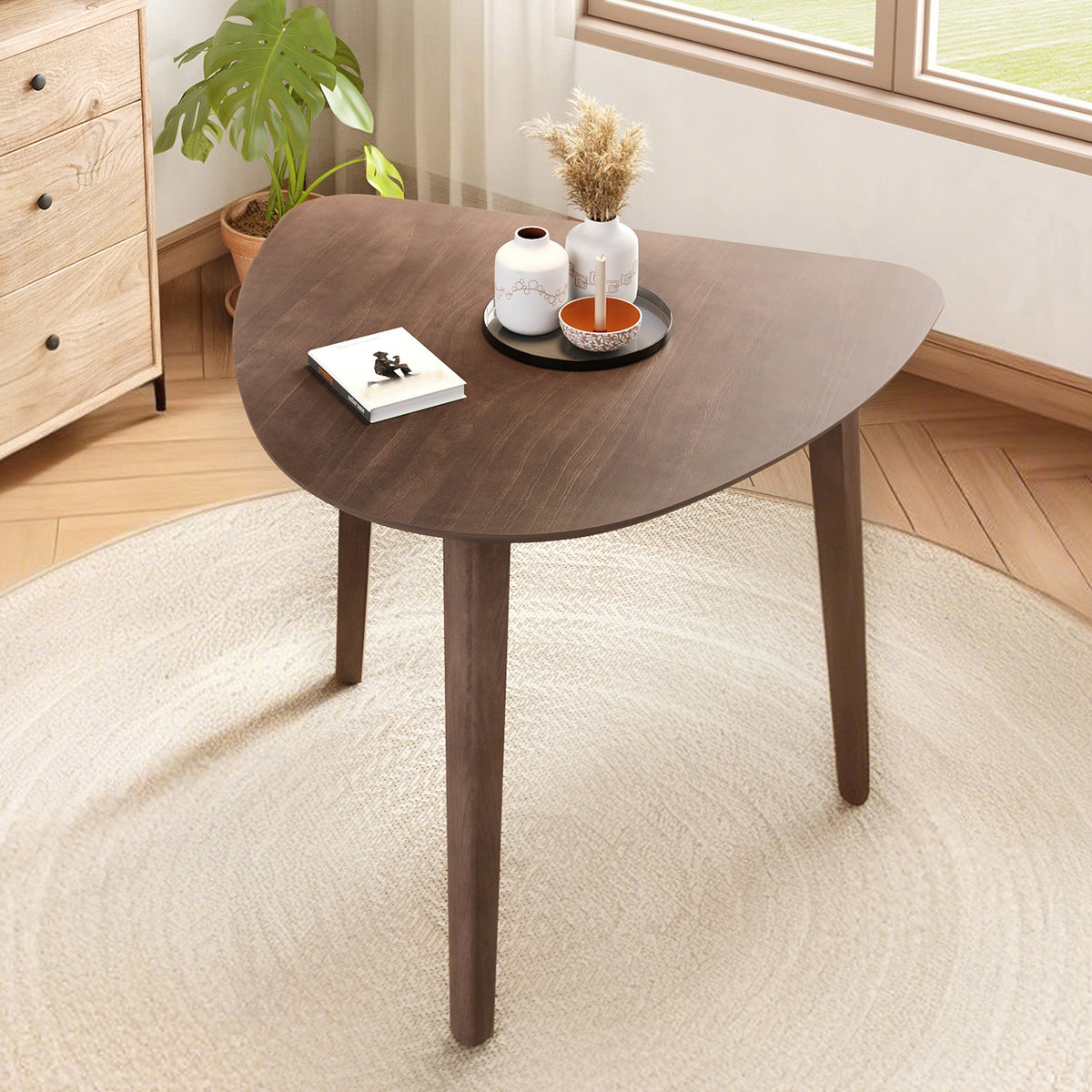 Triangular Wood Table - 36" Modern Space-Saving Geometric Side Table Kitchen, Brown Finish Small Space