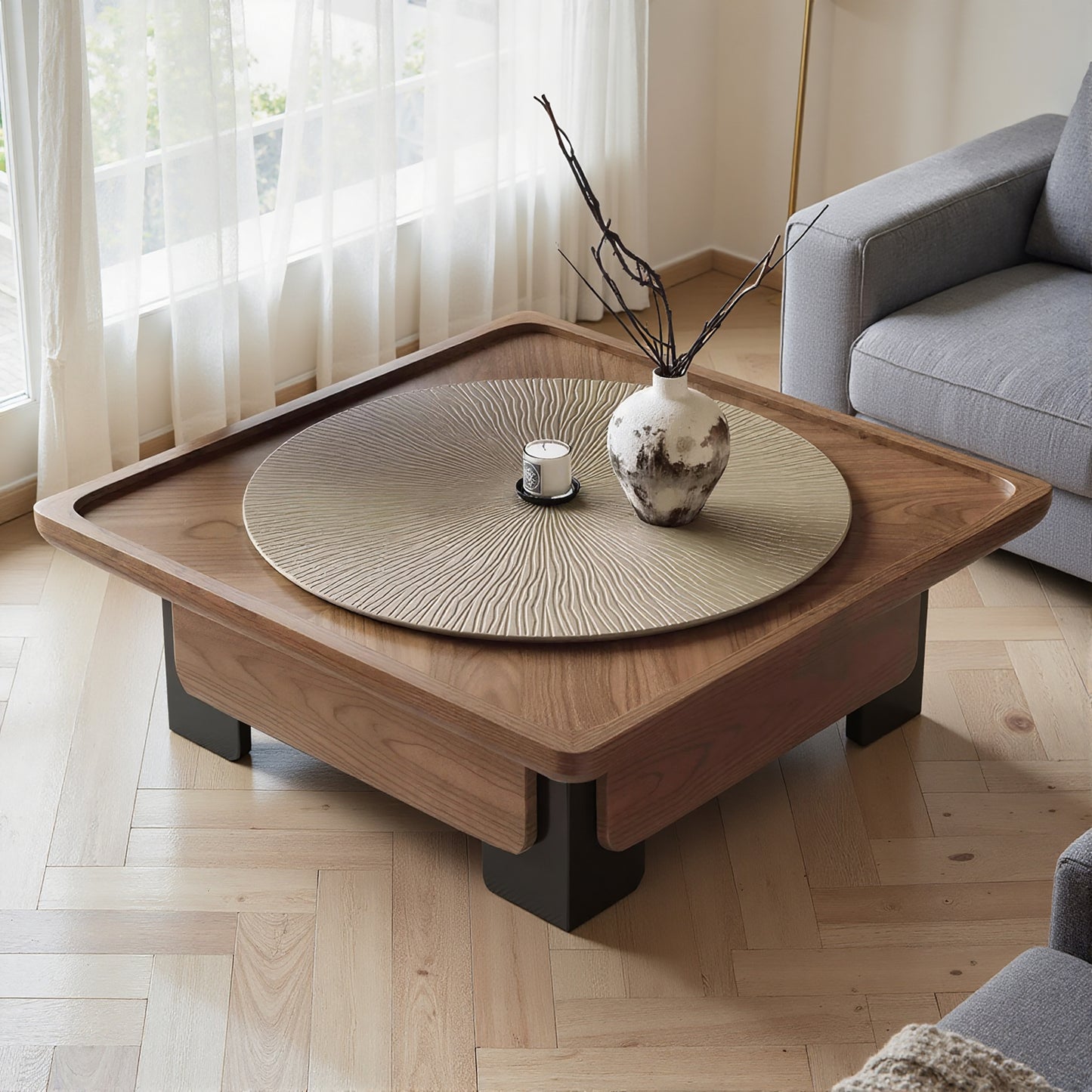 Jardine Walnut Coffee Table – 39" Square Rotating-Top Table