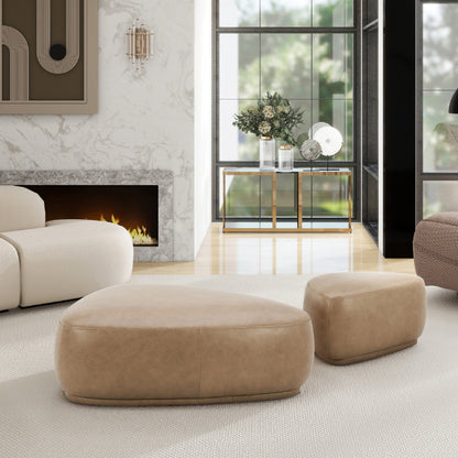 Pebble Tan & Brown Leather Ottoman – 31.9" Round Ottoman
