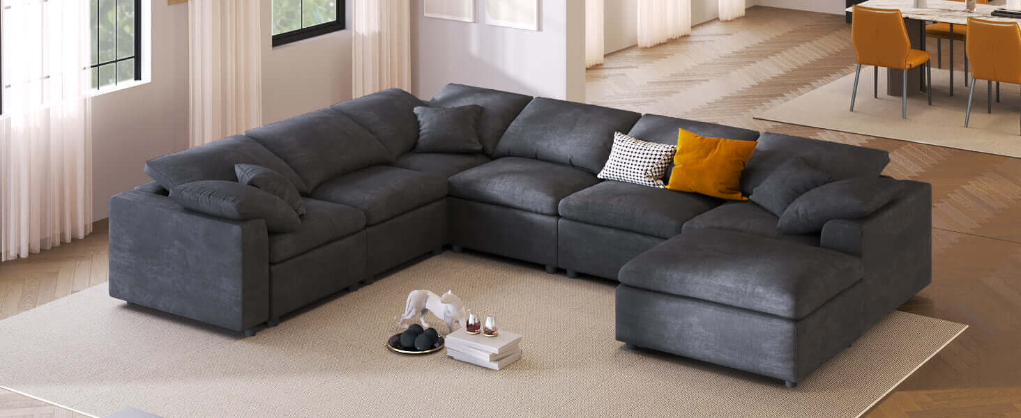 Modern Low Profile Modular U-Shaped Sectional Sofa with Ottoman in Gray or Beige 129" - Revel Sofa 