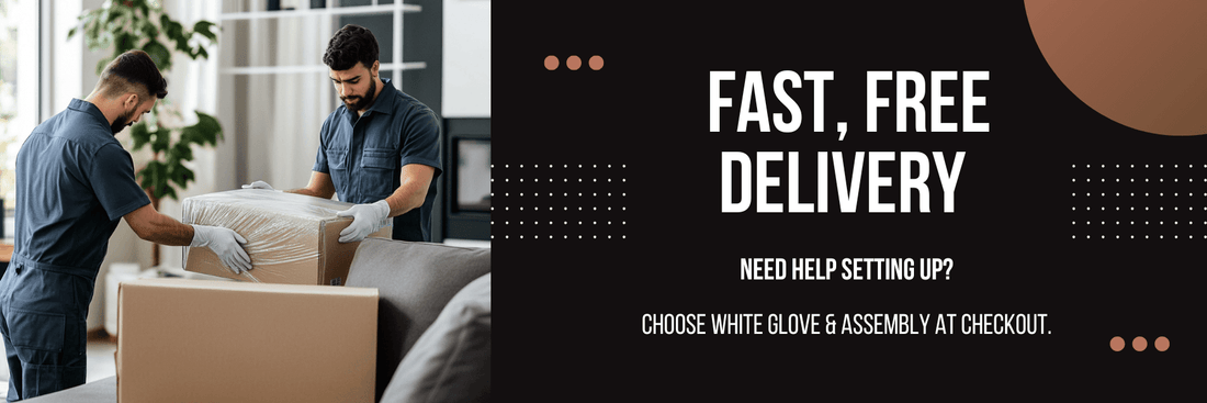 Delivery team unboxing furniture in a customer's living room, 'Fast, Free Delivery' banner