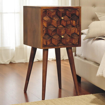Tycho Chestnut Mango Wood Nightstand – 12.2" Mini Cube 2-Drawer Bedside Table
