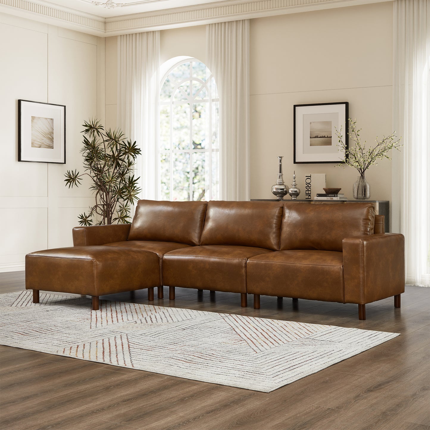 Fable PU Leather L-Shaped Sectional Sofa – 112" Brown Sofa with Convertible Ottoman