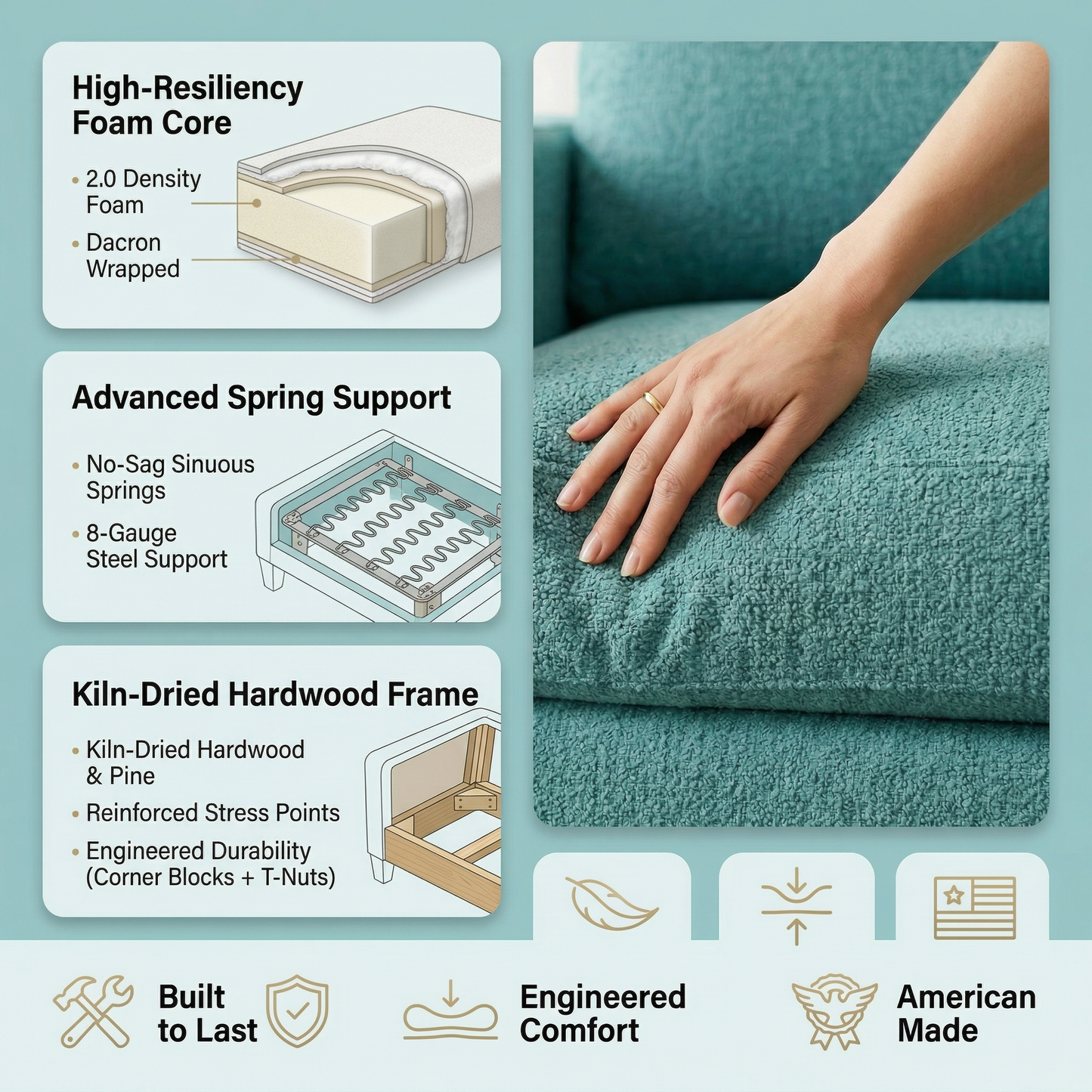 Damon American-Made Sofa – 92" Custom-Fabric Sofa - Hepburn Emerald - Fabric (13)