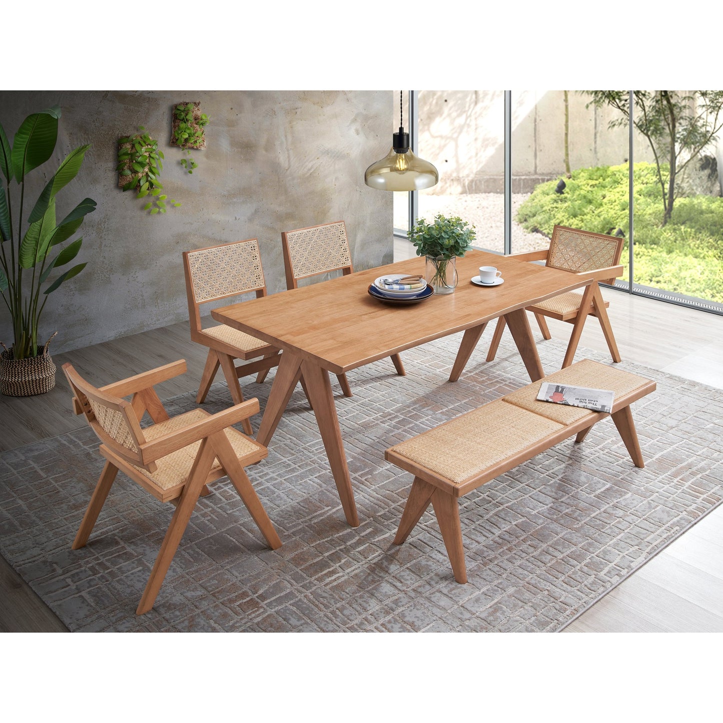 Valentina Rattan & Natural Finish 5PCs Patio/Outdoor Dining Set (No Bench Included)