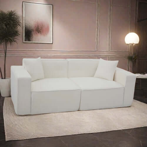 Modern low profile box arm memory foam sofa in white, perfect for contemporary living room decor.