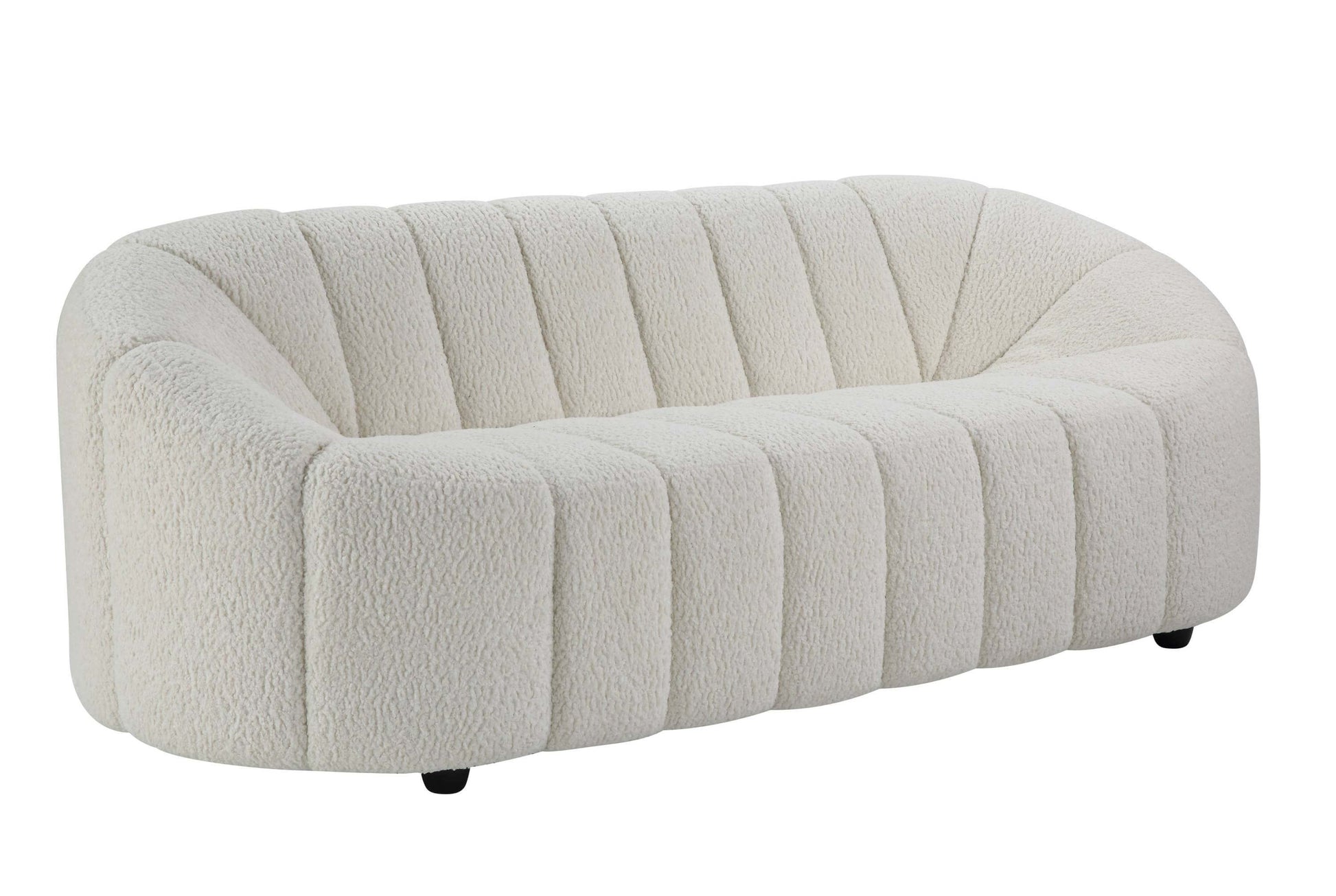 White teddy sherpa sofa featuring a modern design with plush upholstery and curved silhouette.