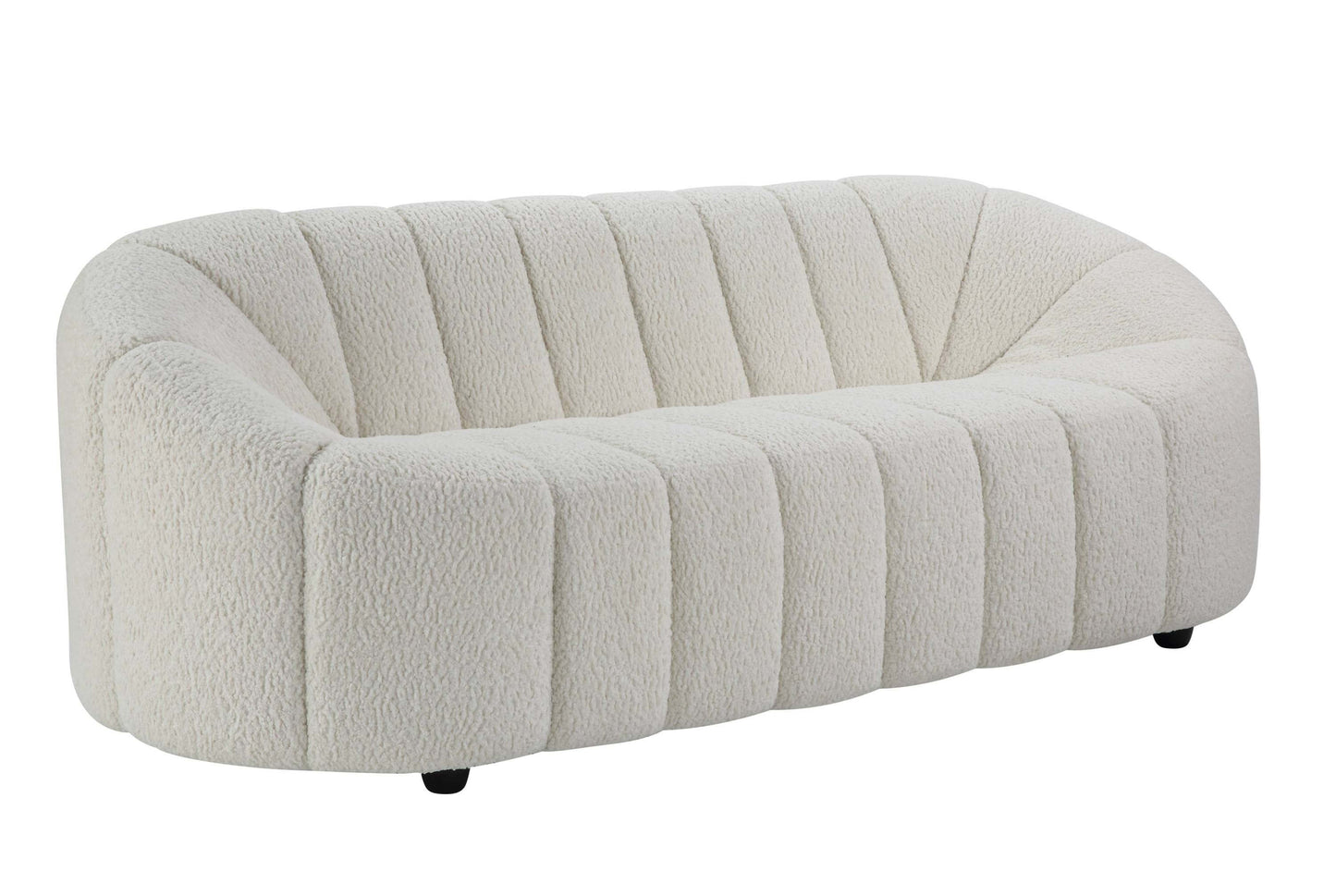 White teddy sherpa sofa featuring a modern design with plush upholstery and curved silhouette.